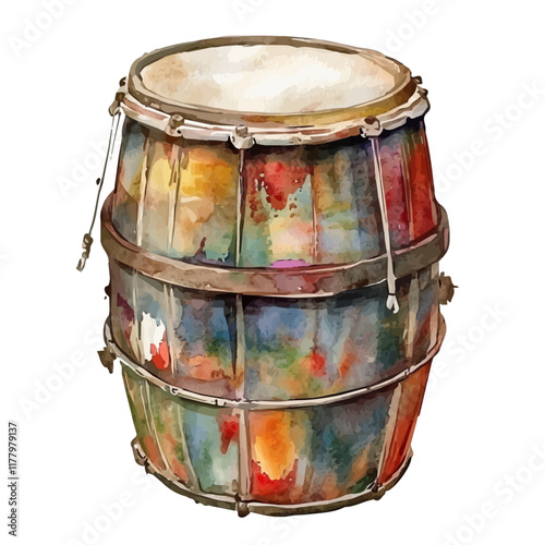 A watercolor clipart of a steel drum, isolated on a white background. Percussion instrument vector.
