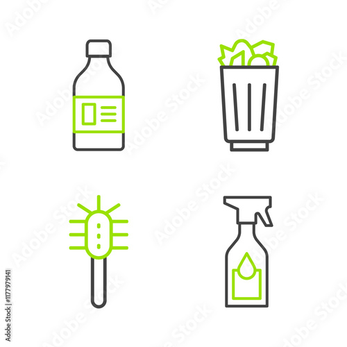 Set line Cleaning spray bottle, Toilet brush, Full trash can and Bottle for cleaning agent icon. Vector