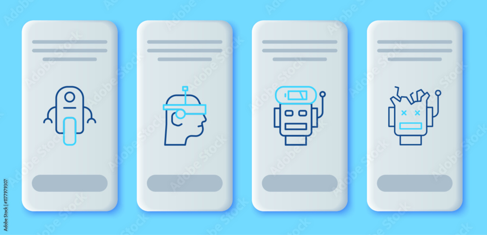 Set line Smart glasses, Robot low battery charge, and Broken robot icon. Vector Set line Smart glasses, Robot low battery charge, and Broken robot icon. Vector