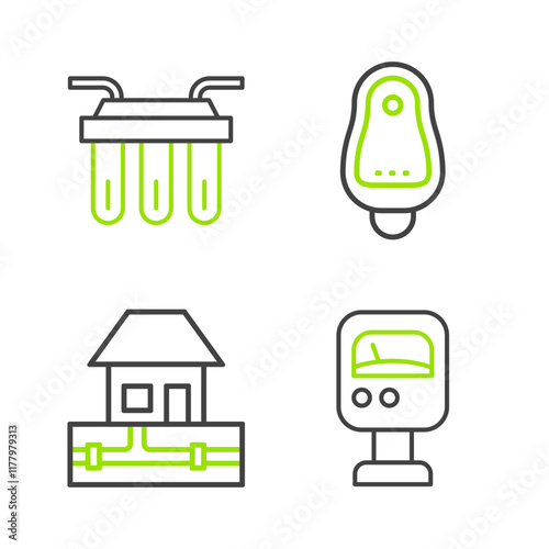 Set line Pressure water meter, Water supply pipes, Toilet urinal or pissoir and filter icon. Vector