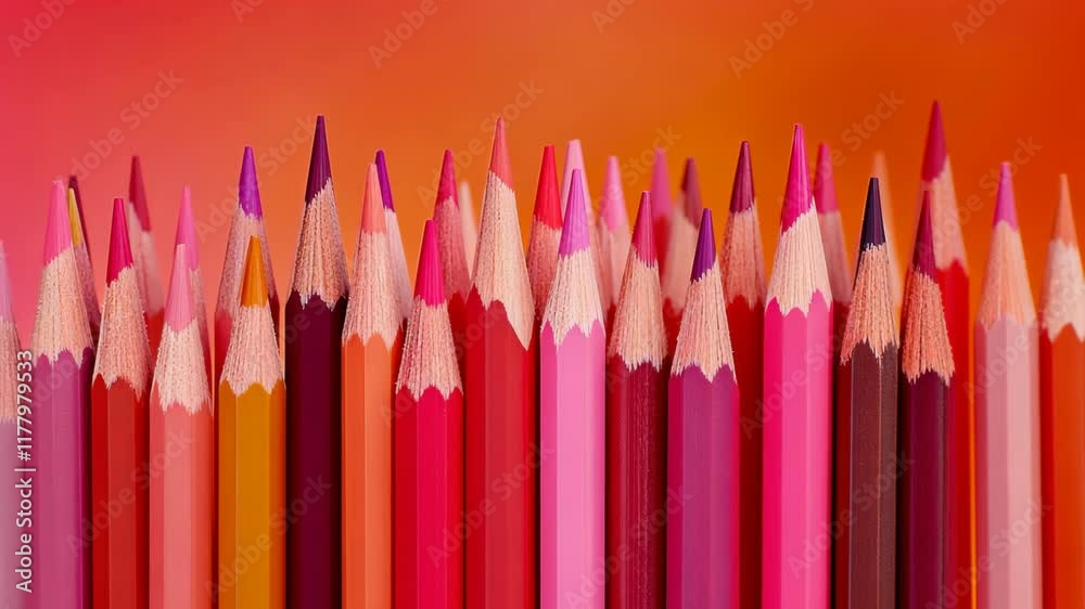 Vibrant collection of colored pencils arranged in a gradient from pink to purple against a warm background