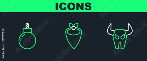 Set line Buffalo skull, Bomb ready to explode and Cowboy bandana icon. Vector