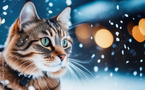 Portrait of beautiful cat on the snow.