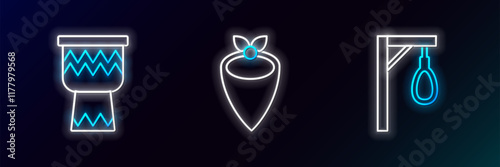Set line Gallows, Drum and Cowboy bandana icon. Glowing neon. Vector