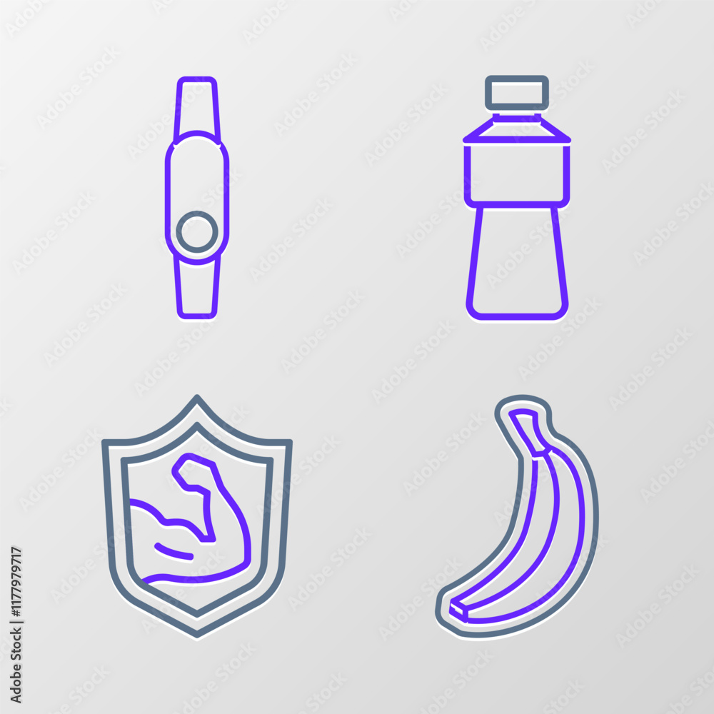 Set line Banana, Bodybuilder muscle, Bottle of water and Smartwatch icon. Vector Set line Banana, Bodybuilder muscle, Bottle of water and Smartwatch icon. Vector