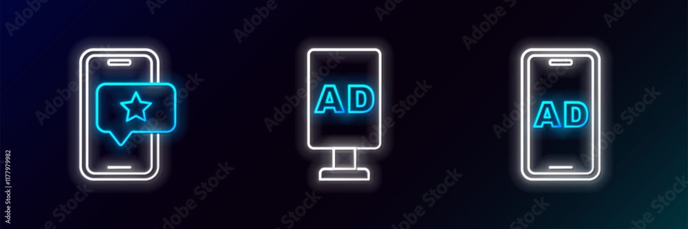 Set line Advertising, Mobile with review rating and Target icon. Glowing neon. Vector Set line Advertising, Mobile with review rating and Target icon. Glowing neon. Vector