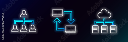 Set line Online working, Hierarchy organogram chart and icon. Glowing neon. Vector