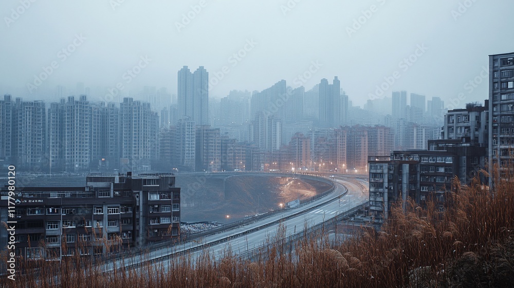 Fototapeta premium Misty urban highway through a cityscape of apartment buildings.