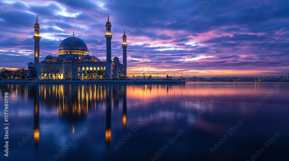 Obraz premium Mosque reflection at sunrise over calm water with city skyline.