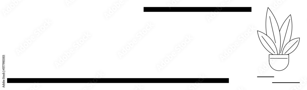 Obraz premium Black horizontal lines at varying lengths and a simple potted plant with three leaves. Ideal for modern home decor, minimalism art, graphic design inspiration, nature themes, abstract compositions