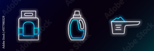 Set line Washing powder, Laundry detergent and Bottle for cleaning agent icon. Glowing neon. Vector