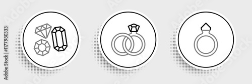 Set line Diamond engagement ring, Gem stone and Wedding rings icon. Vector