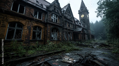 An atmospheric photograph of a gothic mansion in decay, enveloped by nature's relentless reclaiming, telling a haunting story of time, abandonment, and forgotten beauty. photo