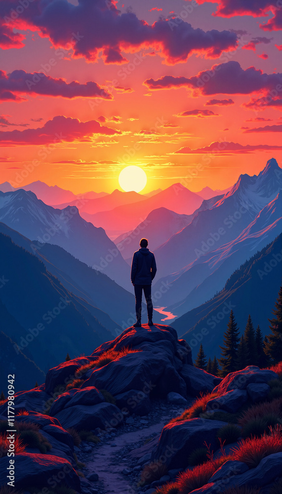 Person gazing at sunset over mountains Person gazing at sunset over mountains