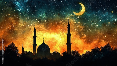 Mosque silhouette against vibrant cosmic night sky with crescent moon. photo