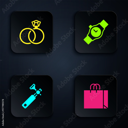 Set Shopping bag jewelry, Wedding rings, Jewelers lupe and Wrist watch. Black square button. Vector