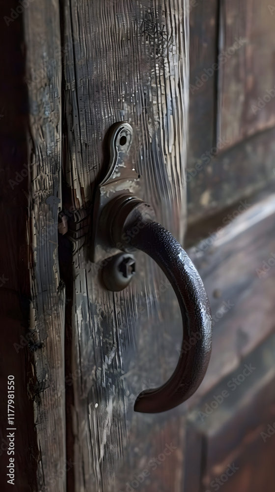 Rustic Metallic Handle on Aged Wooden Door – A Close-Up View of Time-Worn Elegance and History Rustic Metallic Handle on Aged Wooden Door – A Close-Up View of Time-Worn Elegance and History
