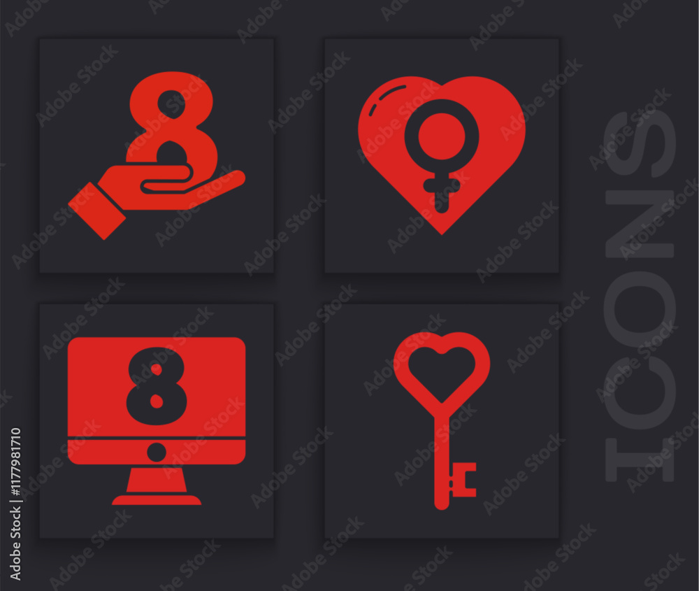 Set Key in heart shape, 8 March on hand, Female gender in heart and 8 March on monitore icon. Vector Set Key in heart shape, 8 March on hand, Female gender in heart and 8 March on monitore icon. Vector