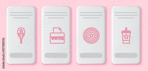 Set line Balloons, Vote box, American star shield and Paper glass with straw. White rectangle button. Vector