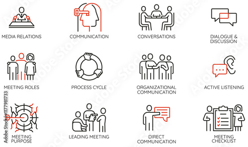 Vector Set of Linear Icons Related to Business Meeting, Team Work, Leadership Traits, Relationship. Mono line pictograms and infographics design elements