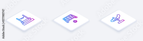 Set Isometric line Bungee, Soccer goal with ball and Swing plane. White square button. Vector