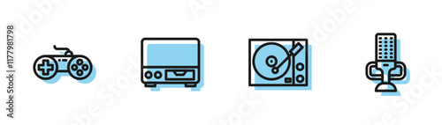 Set line Vinyl player, Gamepad, Old video cassette and Microphone icon. Vector