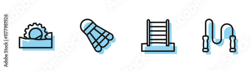 Set line Swedish wall, Ferris wheel, Badminton shuttlecock and Jump rope icon. Vector