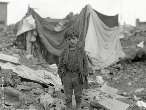 Homeless child standing amidst debris of destroyed building photo