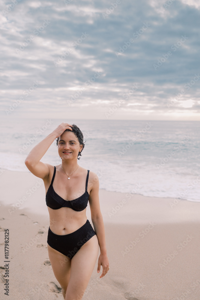 Woman Smiling in Swimwear on Beach Woman Smiling in Swimwear on Beach
