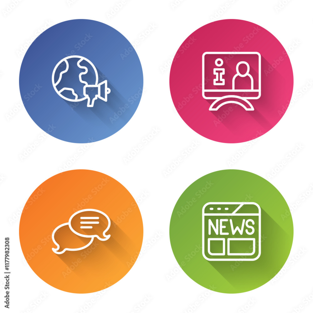 Set line World news, Television report, Speech bubble chat and News. Color circle button. Vector Set line World news, Television report, Speech bubble chat and News. Color circle button. Vector