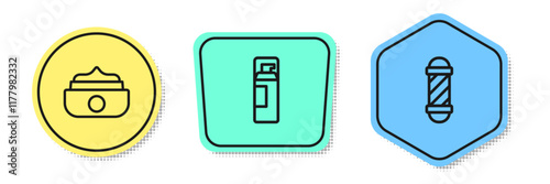 Set line Gel or wax for hair styling, Shaving gel foam and Classic Barber shop pole. Colored shapes. Vector