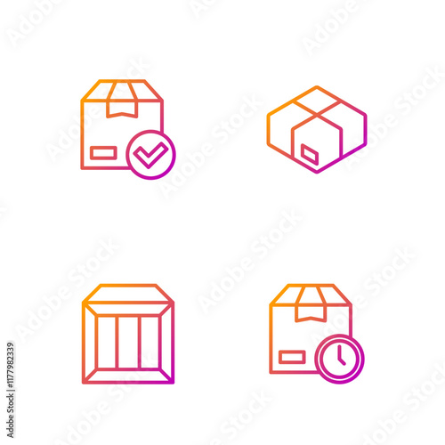 Set line Cardboard box with clock, Carton cardboard, ackage check mark and . Gradient color icons. Vector photo