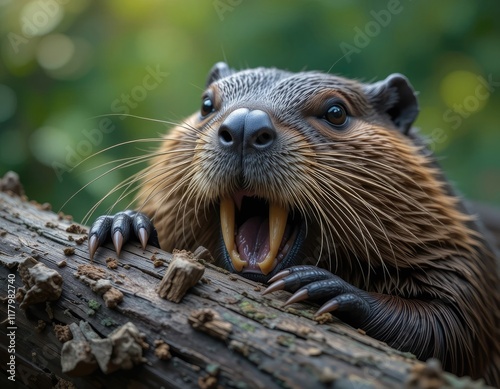 Close up of a beaver gnawing on wood. photo