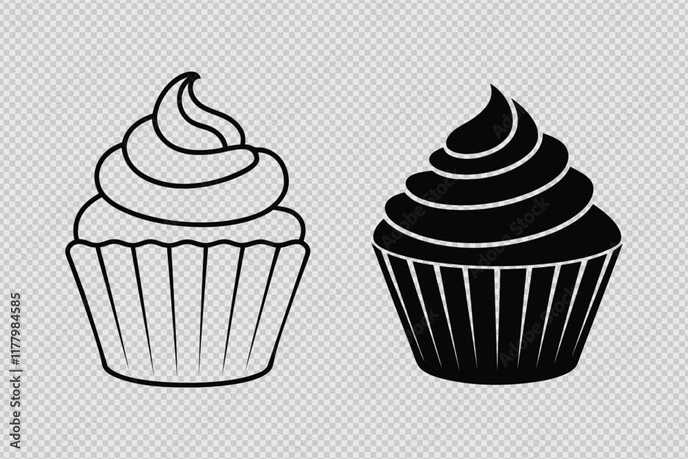cupcake vector set featuring silhouettes and line art, perfect for dessert branding, creative designs, and bakery projects cupcake vector set featuring silhouettes and line art, perfect for dessert branding, creative designs, and bakery projects
