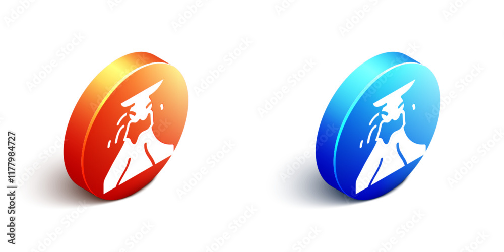 Isometric Volcano eruption with lava icon isolated on white background. Orange and blue circle button. Vector Isometric Volcano eruption with lava icon isolated on white background. Orange and blue circle button. Vector