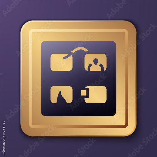 Purple Storyboard film video template for movie creation icon isolated on purple background. Gold square button. Vector