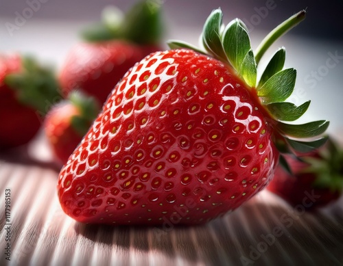 a detailed close up of ripe strawberries their bright red color and glossy surface making them look irresistibly juicy the background is softly muted to draw attention to the fruitrs texture1.jpg photo