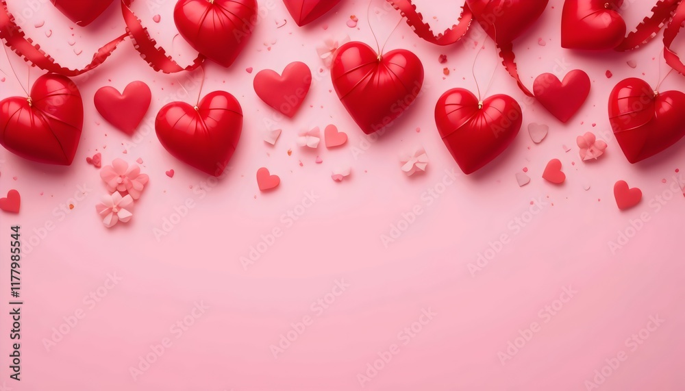 Red hearts and decorative ribbons on a soft pastel pink background, creating a romantic atmosphere for Valentine's Day, anniversaries, and birthday celebrations Red hearts and decorative ribbons on a soft pastel pink background, creating a romantic atmosphere for Valentine's Day, anniversaries, and birthday celebrations