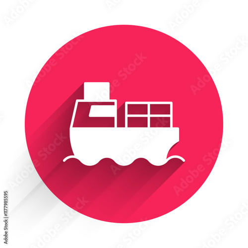 White Cargo ship with boxes delivery service icon isolated with long shadow background. Delivery, transportation. Freighter with parcels, boxes, goods. Red circle button. Vector