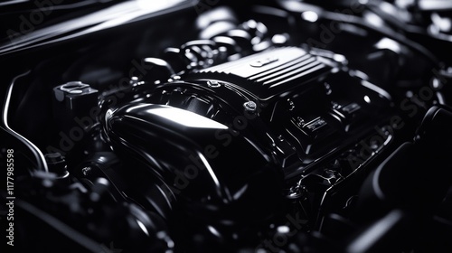 Close up black and white car engine banner on dark background with copy space for text