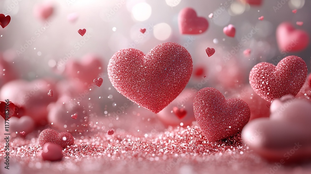 Red hearts with a glittering appearance hover over a shimmering background, creating a joyful and romantic ambiance perfect for love-themed events Red hearts with a glittering appearance hover over a shimmering background, creating a joyful and romantic ambiance perfect for love-themed events