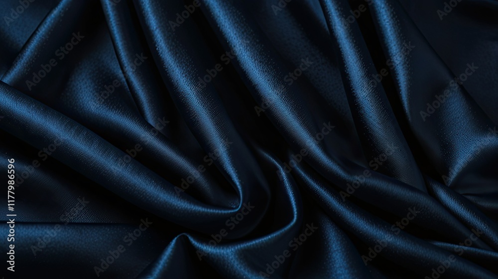 Obraz premium Soft deep blue satin fabric drapes gracefully reflecting light and creating an elegant texture. The folds and sheen offer a luxurious visual appeal