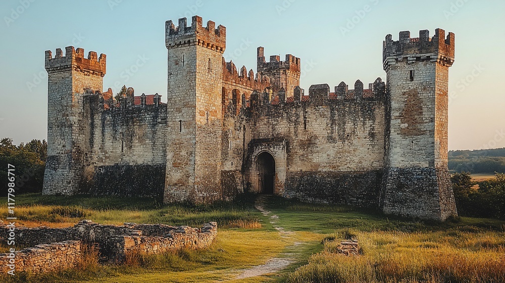 Majestic Stone Castle at Golden Hour Sunset Majestic Stone Castle at Golden Hour Sunset