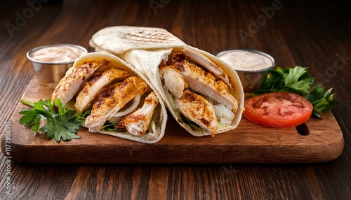 chicken shawarma topped with garlic sauce on a wood board close up1.jpg photo