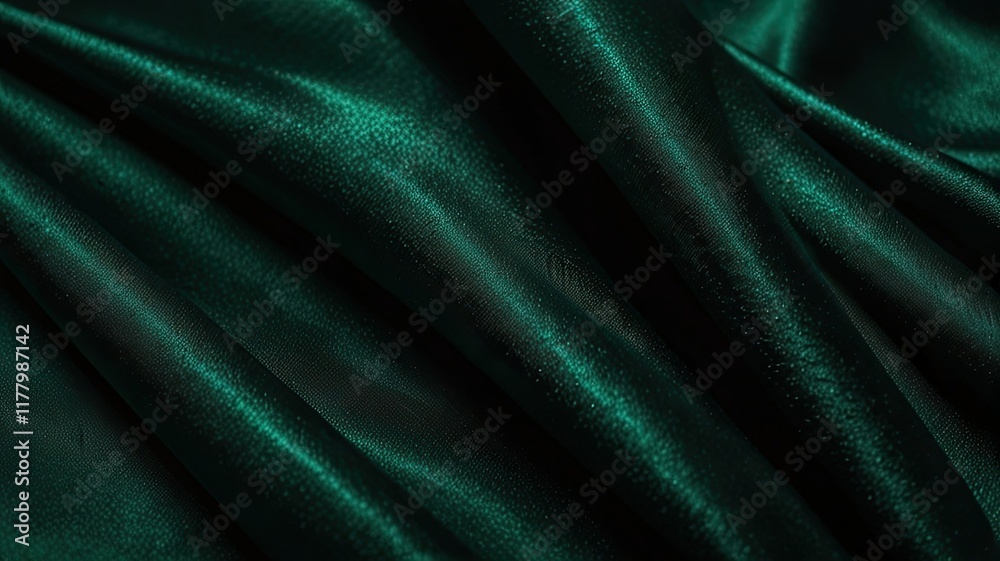 Fototapeta premium Luxurious emerald green fabric flows gracefully highlighting its smooth texture and rich appearance under soft lighting. A perfect choice for elegant designs