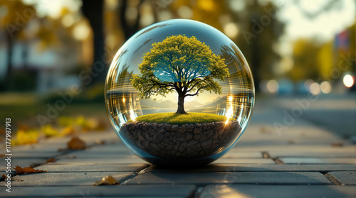 Dans une sphère étincelante, un arbre de vie symbolique respire au cœur d’une vallée paisible, sous un ciel apaisant.