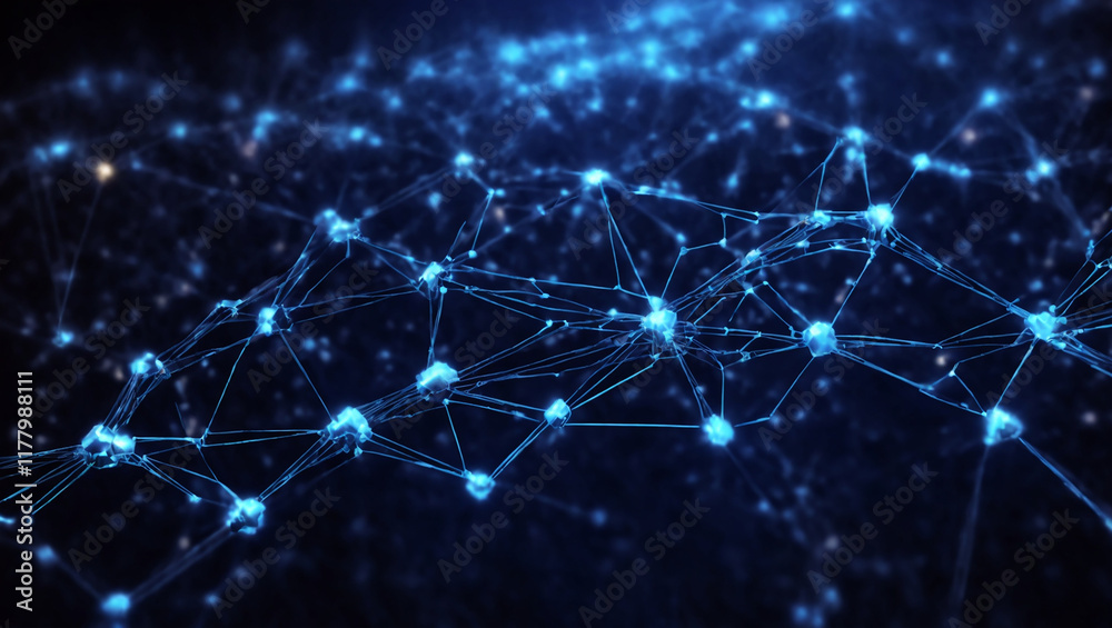 Artificial intelligence network. Abstract image of a digital network illuminated by blue light, showing interconnected nodes and lines on a dark background. Artificial intelligence network. Abstract image of a digital network illuminated by blue light, showing interconnected nodes and lines on a dark background.