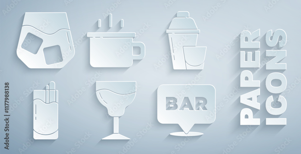 Set Wine glass, Cocktail shaker, Bloody Mary, Alcohol bar location, Coffee cup and Glass whiskey icon. Vector Set Wine glass, Cocktail shaker, Bloody Mary, Alcohol bar location, Coffee cup and Glass whiskey icon. Vector