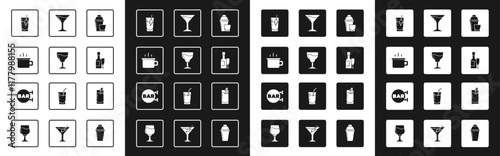 Set Cocktail shaker, Wine glass, Coffee cup, Bloody Mary, Champagne bottle and, Martini, and Street signboard with Bar icon. Vector