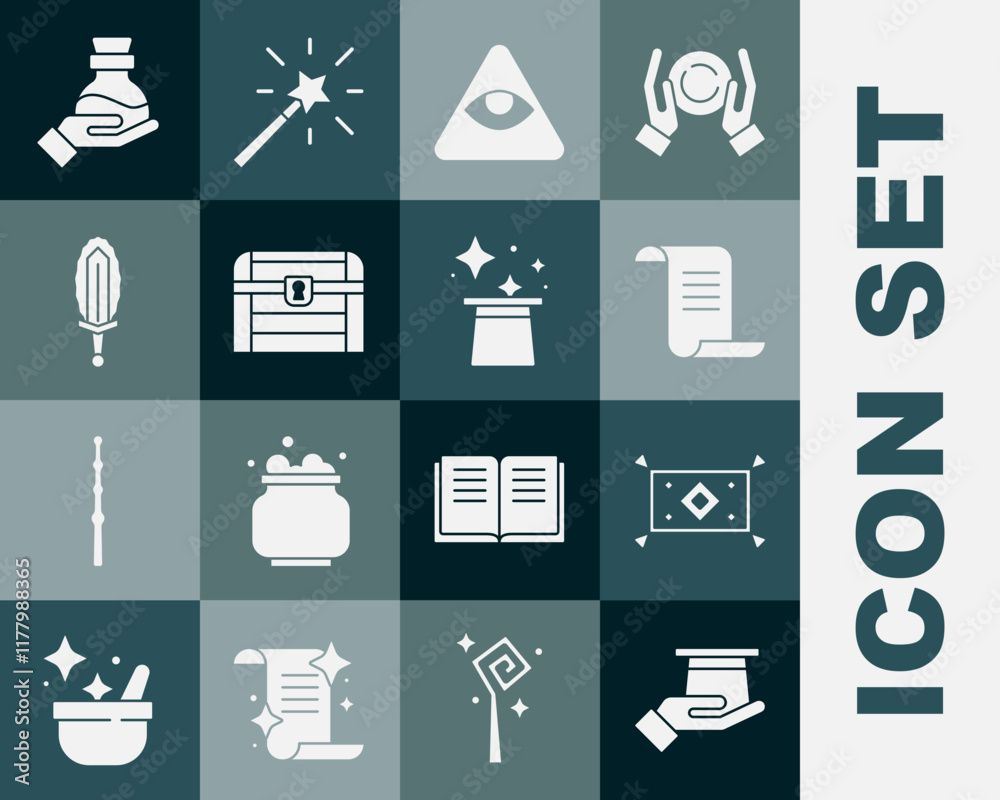 Set Magician hat in hand, carpet, Ancient magic book, Masons, Antique treasure chest, sword fire, Bottle with potion and icon. Vector Set Magician hat in hand, carpet, Ancient magic book, Masons, Antique treasure chest, sword fire, Bottle with potion and icon. Vector